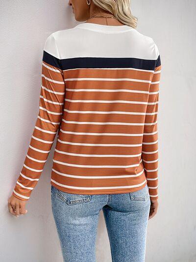 Perfee Contrast Striped Round Neck Long Sleeve T-Shirt - Clothes For Her Online Store