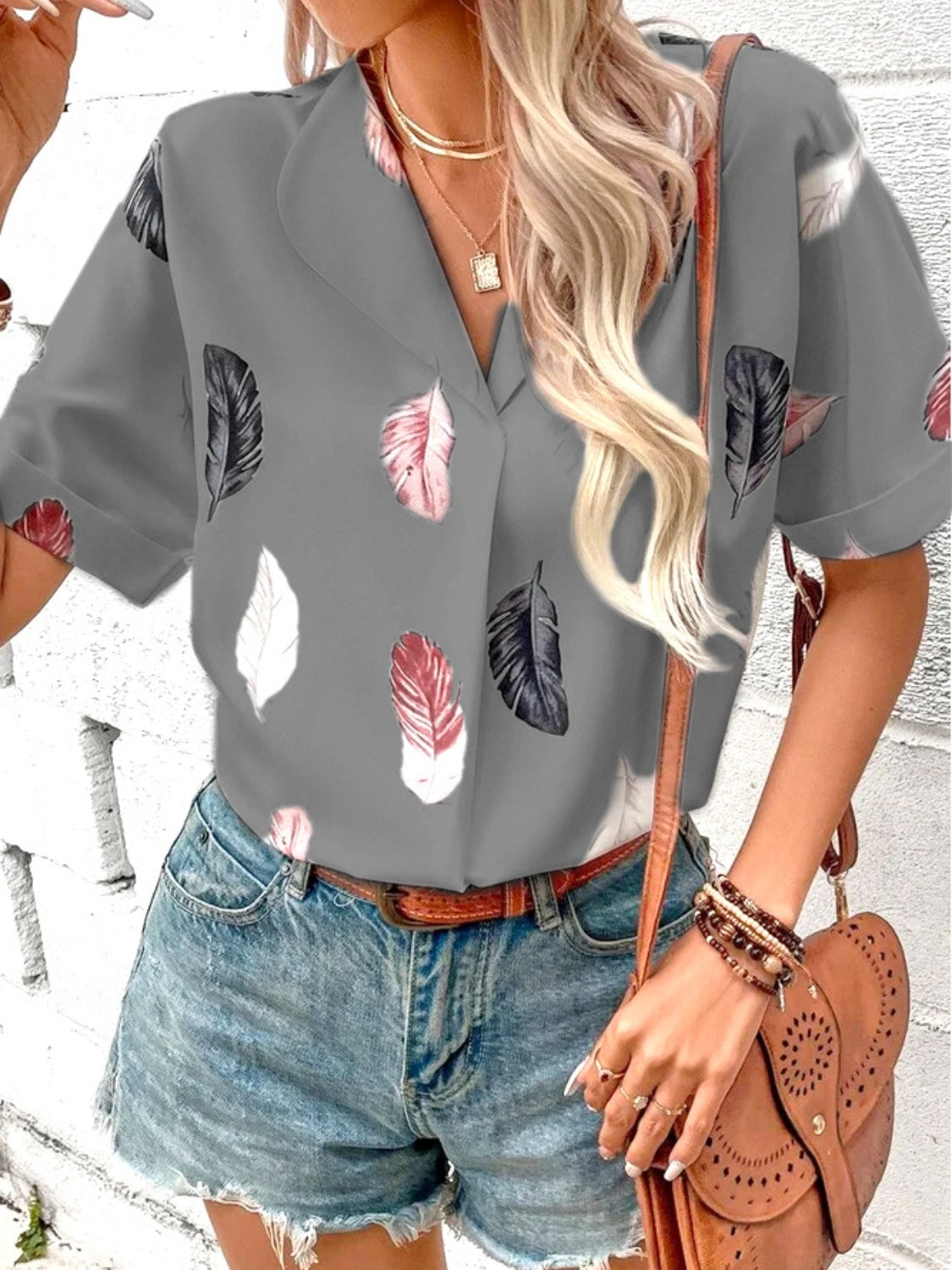 Full Size Printed Collared Neck Short Sleeve Blouse - Clothes For Her Online Store