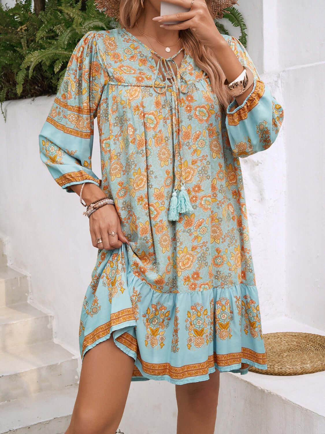 Devine Tassel Floral Tie Neck Mini Dress - Clothes For Her Online Store