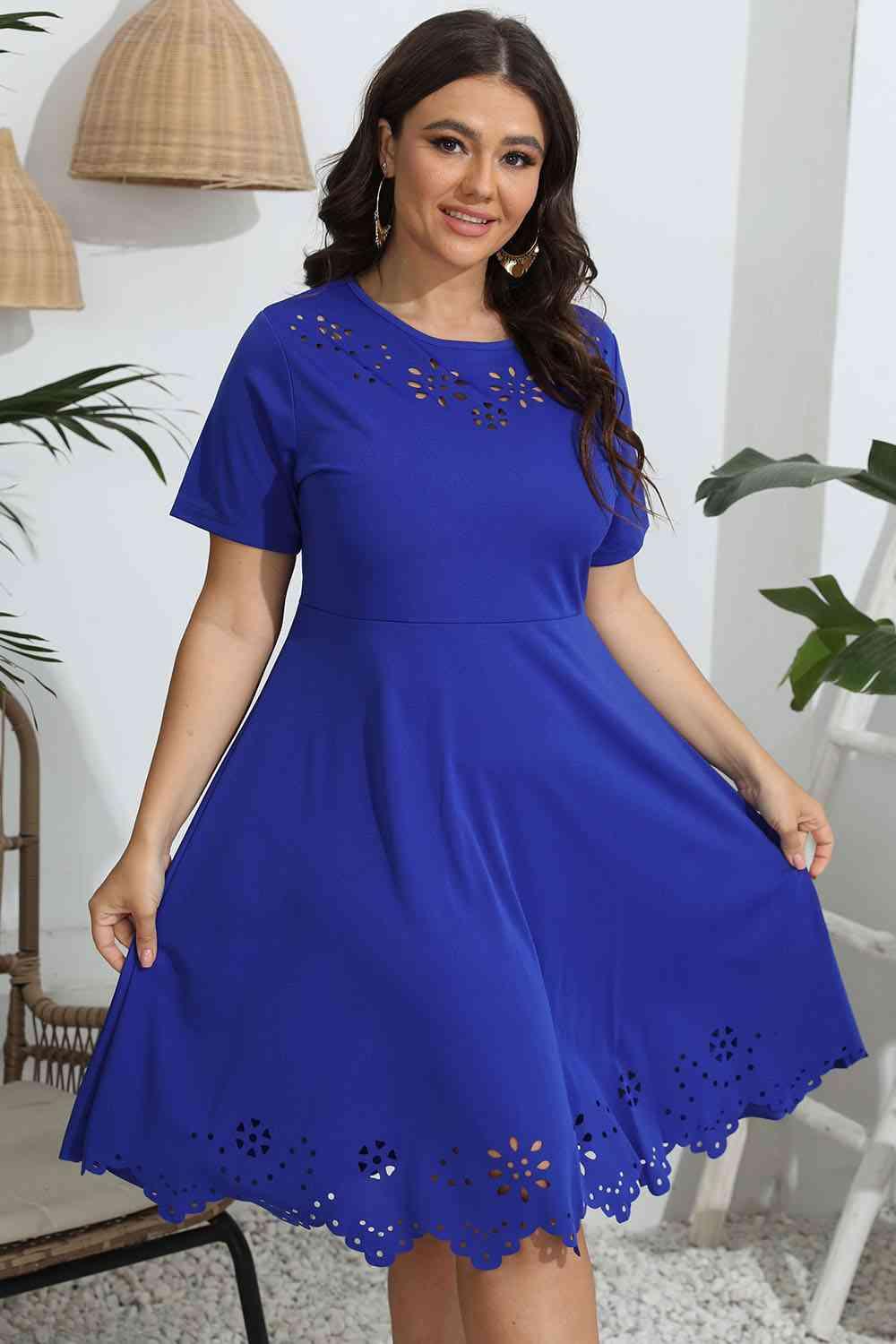 Plus Size Round Neck Openwork Dress - Clothes For Her Online Store