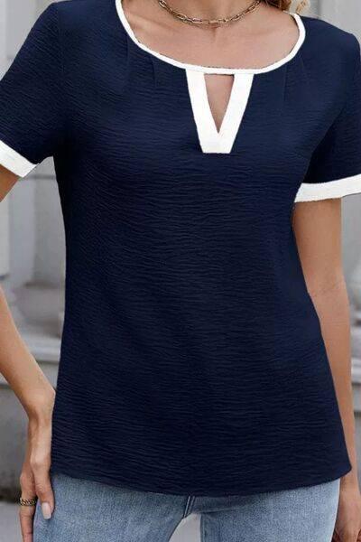 Cutout Round Neck Short Sleeve Blouse - Clothes For Her Online Store