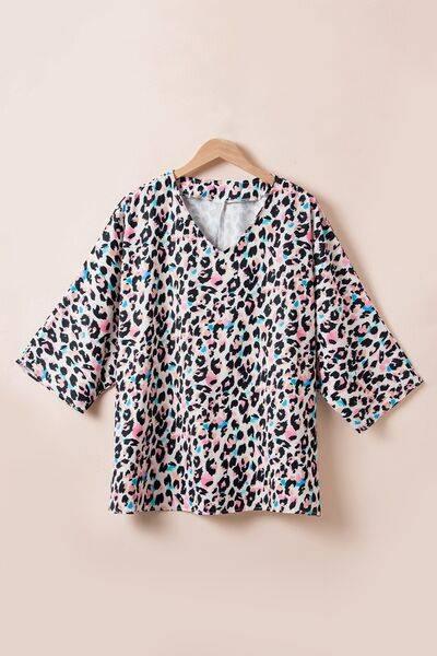 Plus Size Leopard V-Neck Three-Quarter Sleeve Blouse - Clothes For Her Online Store