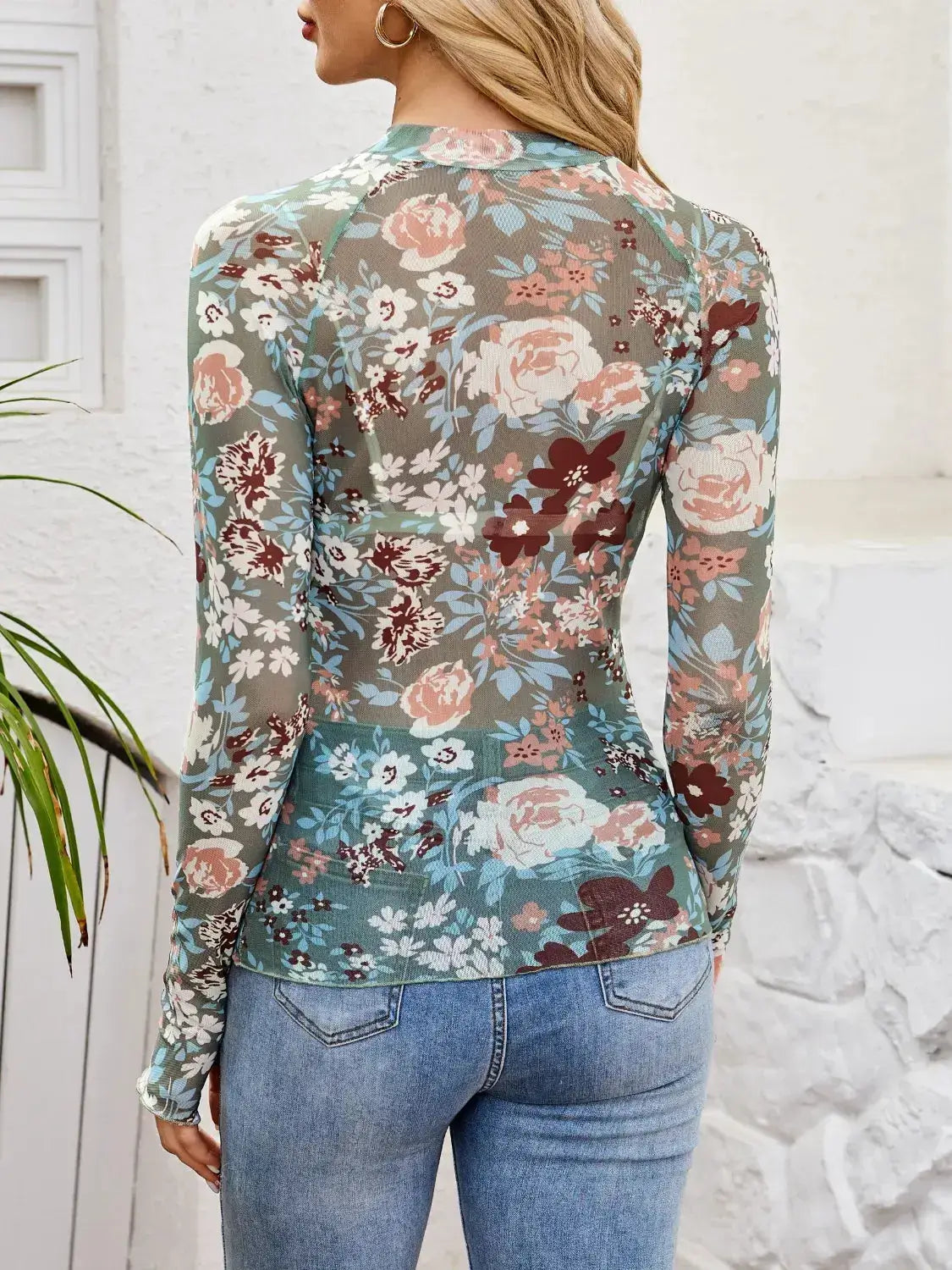 Floral Mock Neck Long Sleeve Top - Clothes For Her Online Store