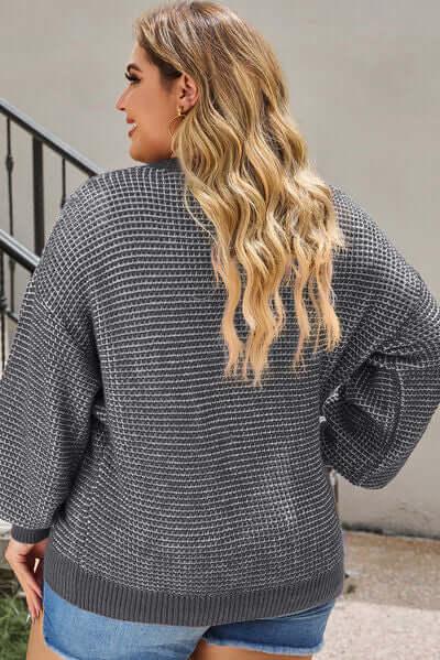 Plus Size Waffle-Knit Round Neck Dropped Shoulder Sweater - Clothes For Her Online Store