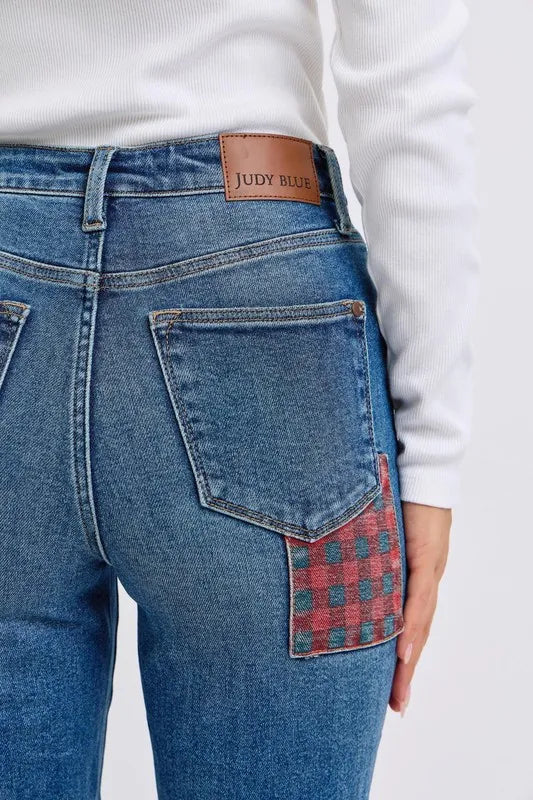 Judy Blue Full Size HW Plaid Patch Slim Fit Jeans Plus Size