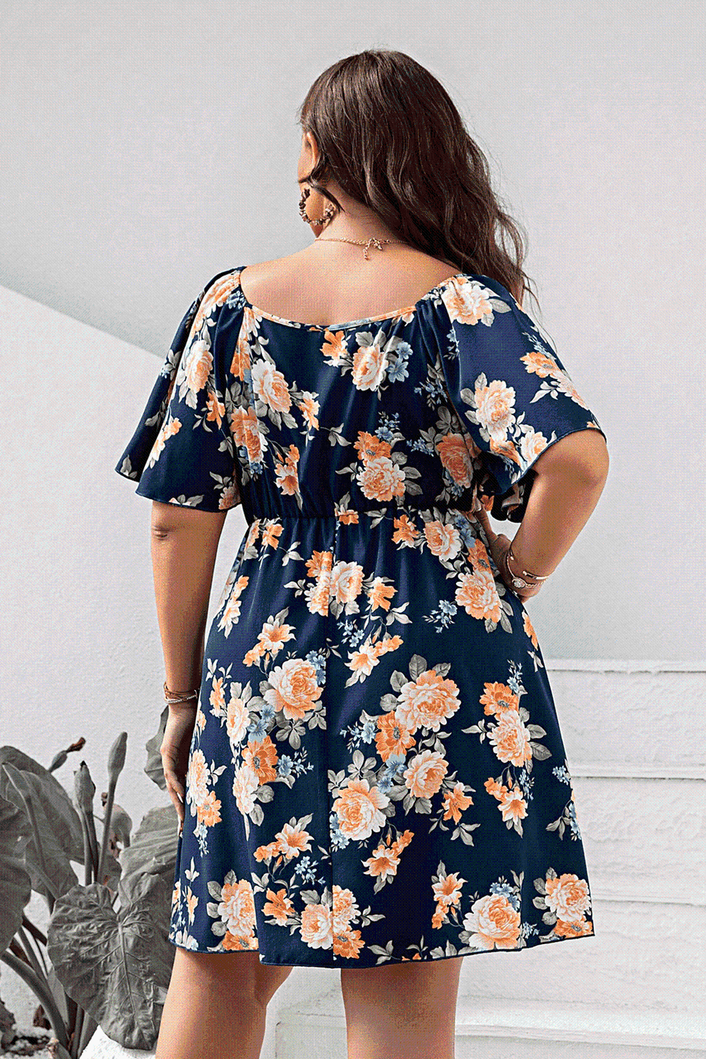 Plus Size Floral Print V-Neck Flutter Sleeve Mini Dress - Clothes For Her Online Store