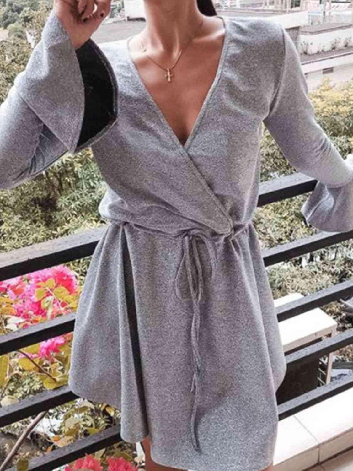 Ivy Lane Plus Size Surplice Neck Flare Sleeve Dress - Clothes For Her Online Store