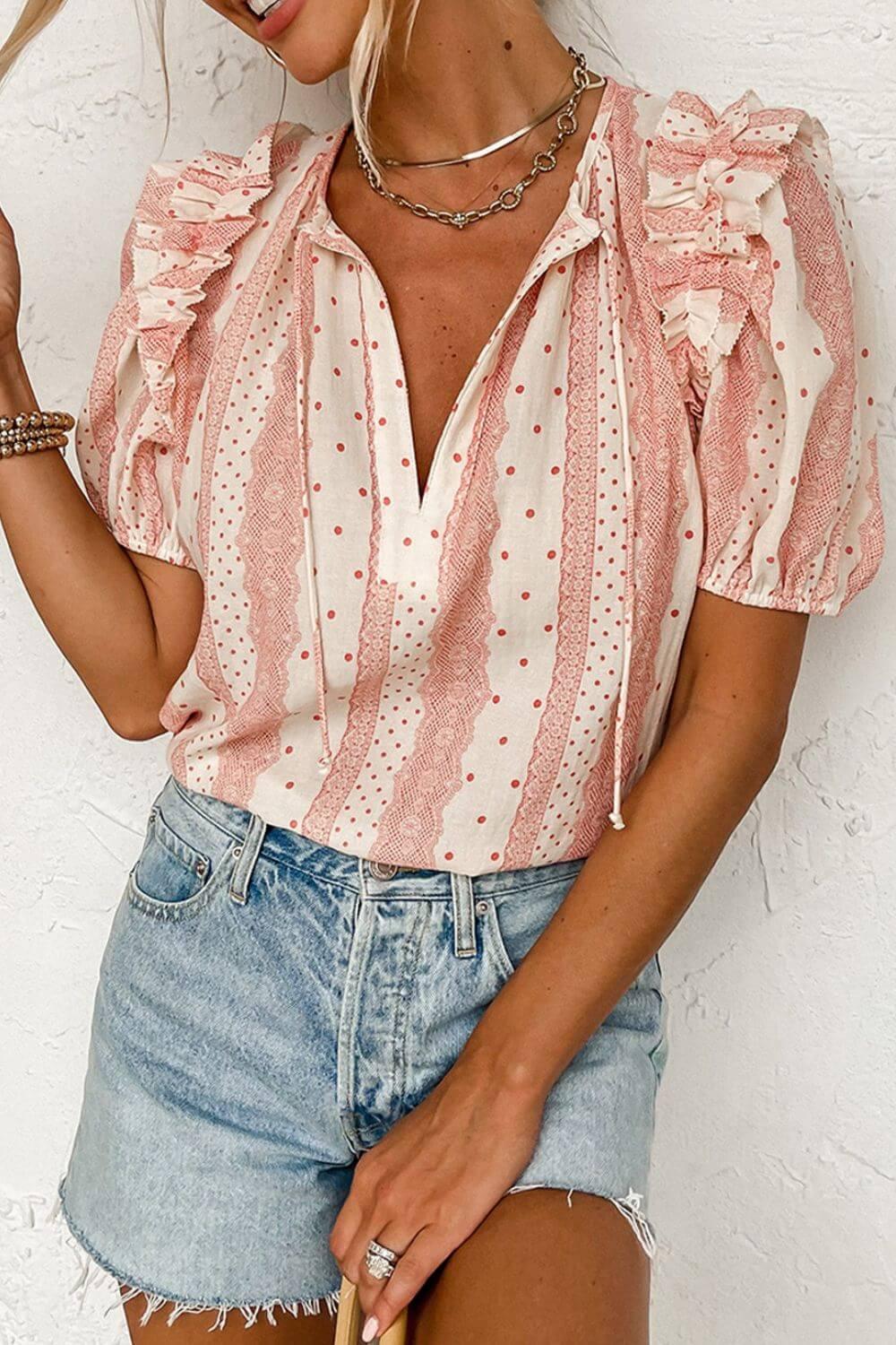 Frilled Short Puff Sleeve Mixed Print Blouse - Clothes For Her Online Store