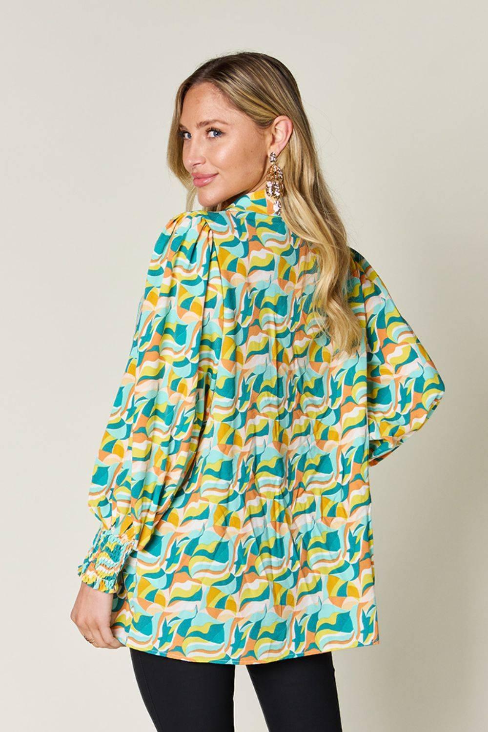 Double Take Full Size Printed Smocked Long Sleeve Blouse - Clothes For Her Online Store