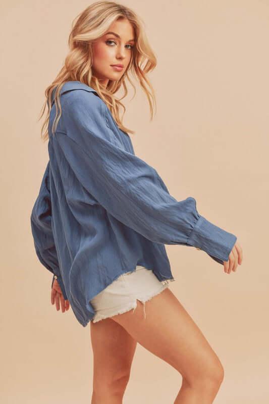 Aemi + Co Raw Hem Button Down Raglan Sleeve Shirt - Clothes For Her Online Store