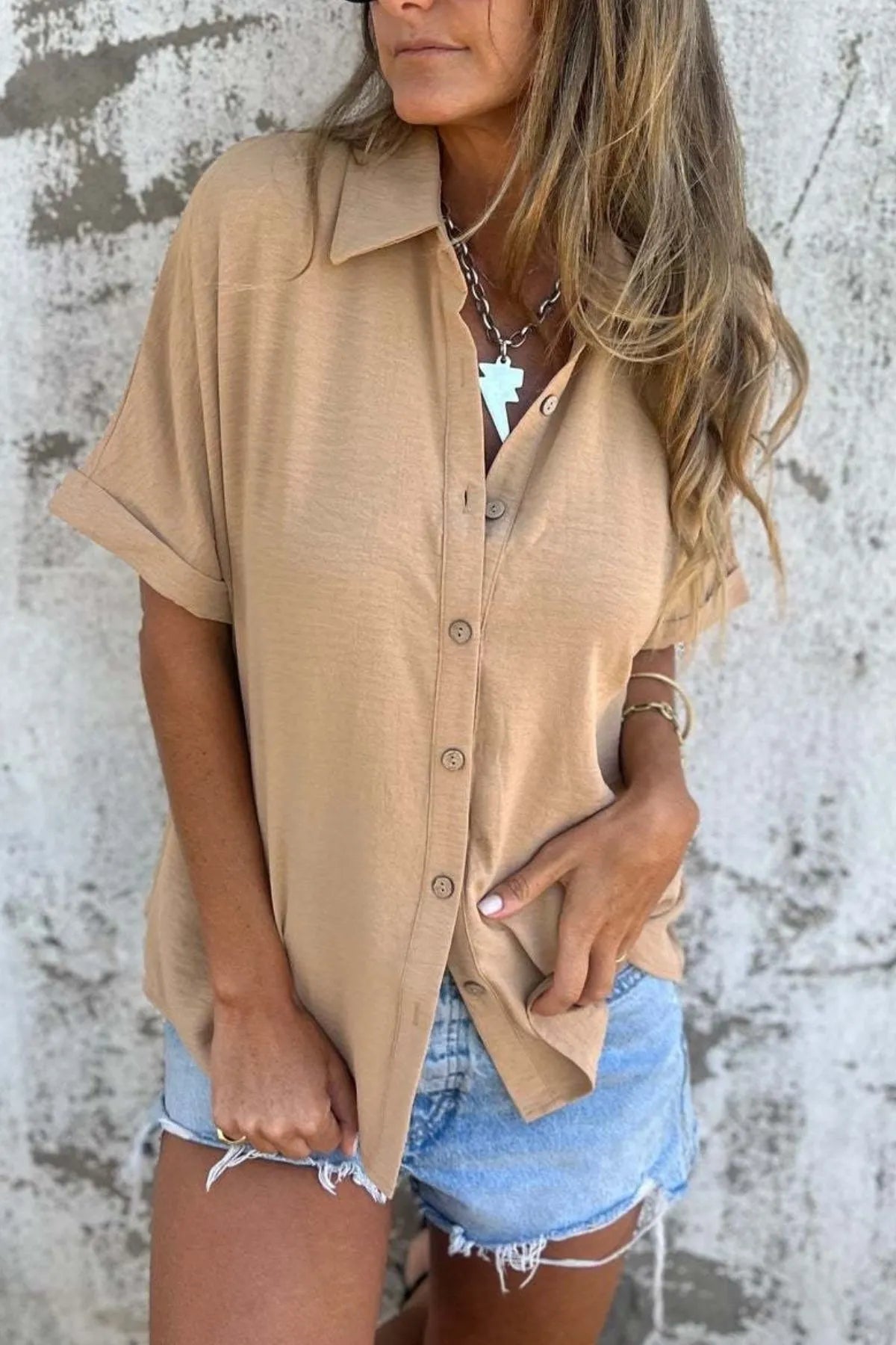 Full Size Casual Button Down Short Sleeve Loose Shirt Plus Size