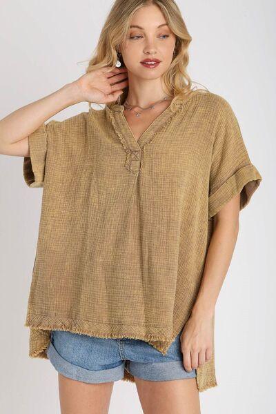 Umgee Full Size Side Slit Notched Mineral Wash Gauze Fabric Top Plus Size - Clothes For Her Online Store