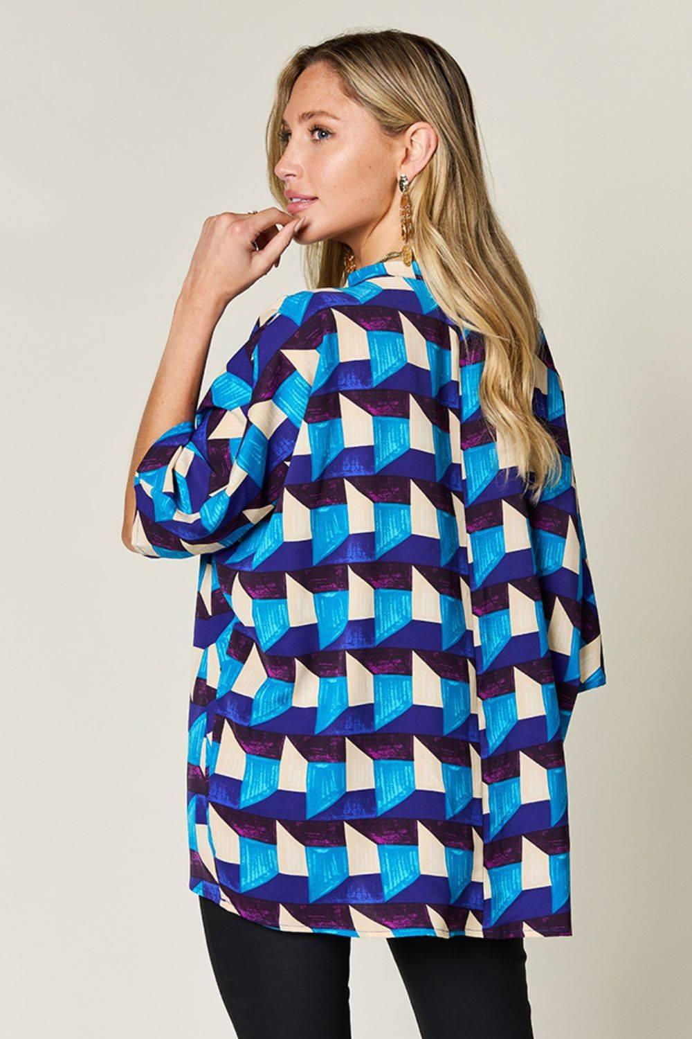Double Take Full Size Geometric Notched Half Sleeve Blouse - Clothes For Her Online Store