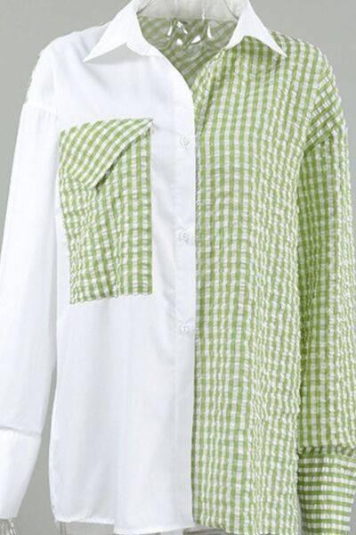 Two-Tone Plaid Button Down Long Sleeve Shirt - Clothes For Her Online Store