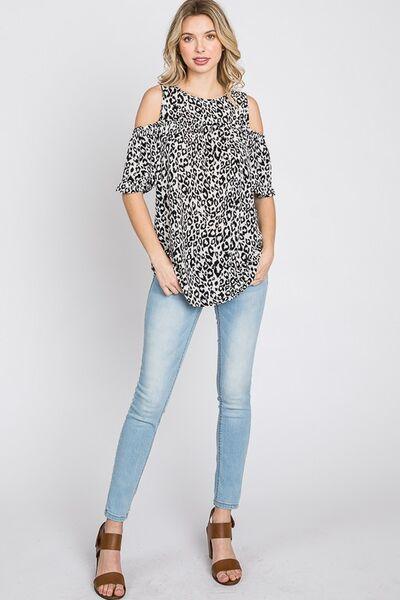 Heimish Full Size Leopard Round Neck Cold Shoulder T-Shirt Plus Size - Clothes For Her Online Store