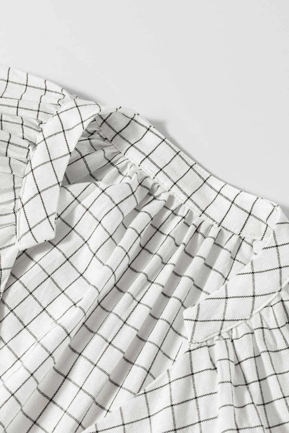 Frill Plaid Notched Balloon Sleeve Mini Dress - Clothes For Her Online Store