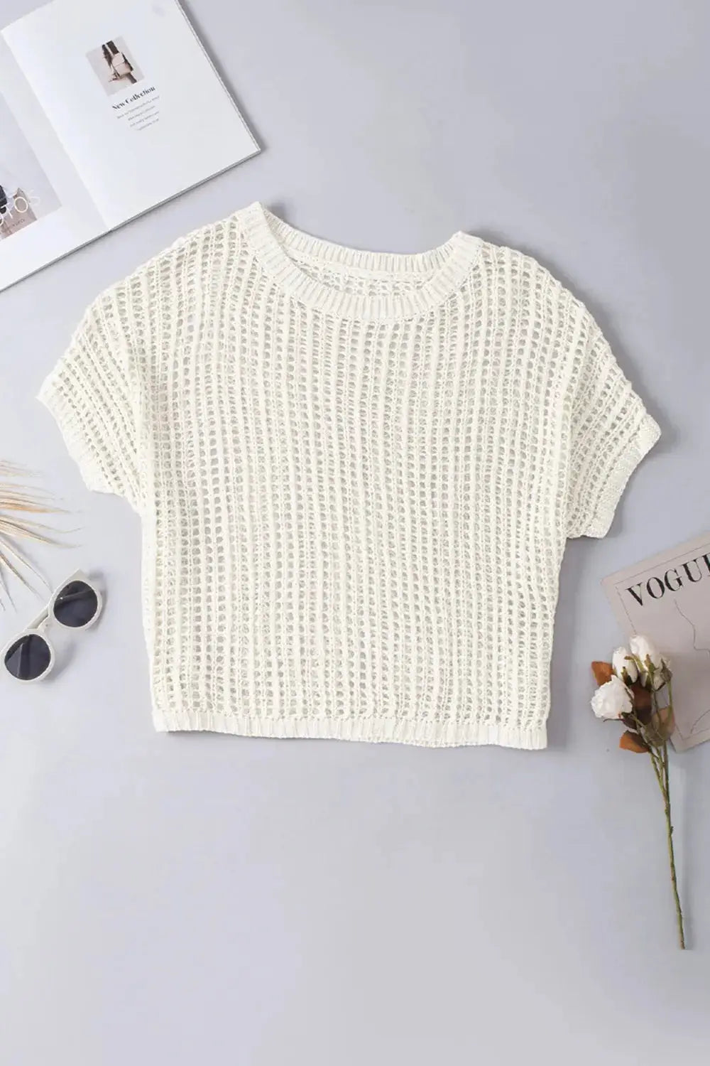 Openwork Round Neck Half Sleeve Knit Cover Up - Clothes For Her Online Store