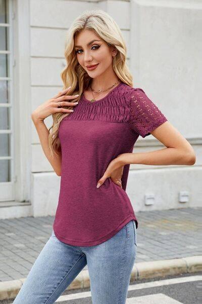 Smocked Round Neck Short Sleeve T-Shirt - Clothes For Her Online Store