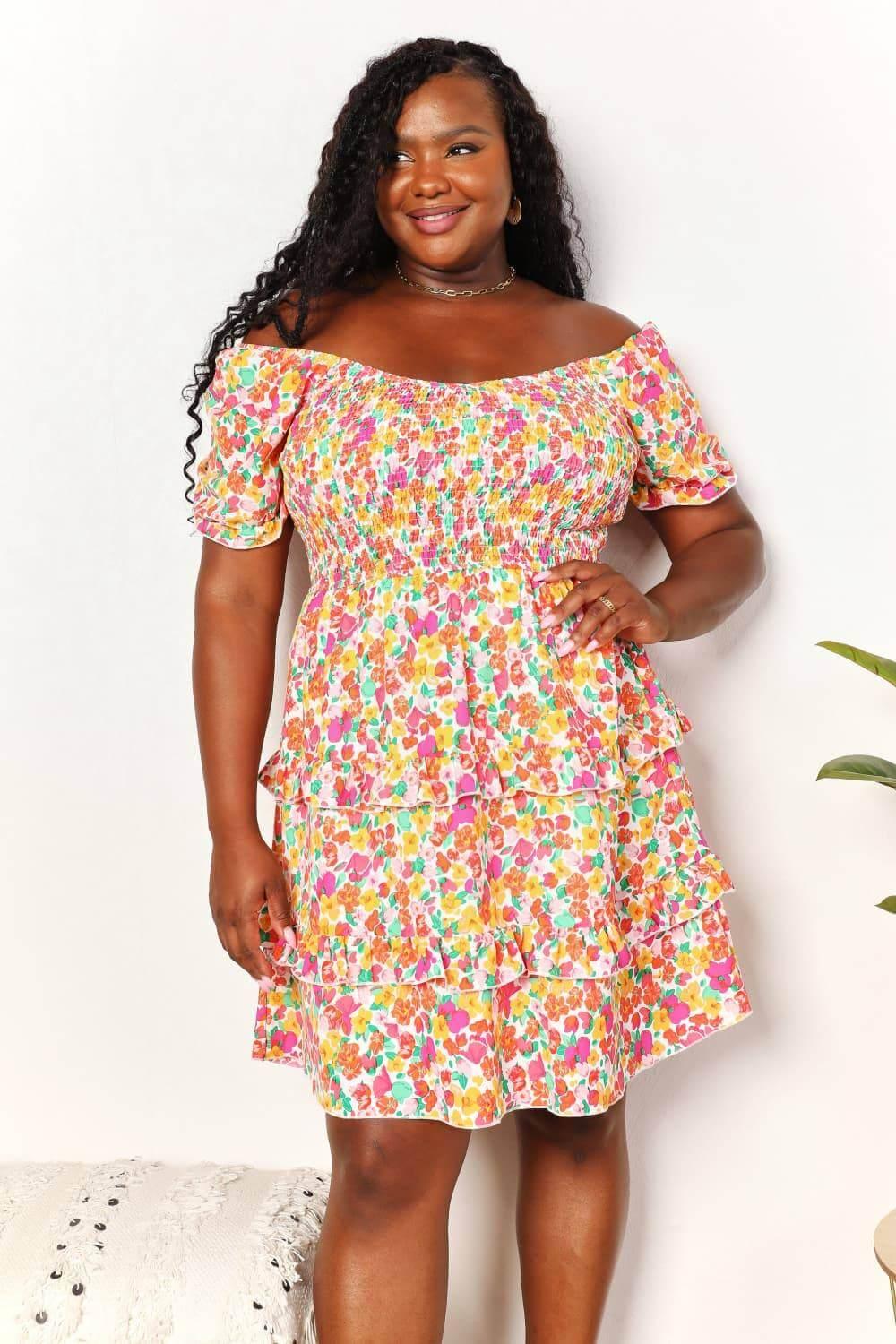 Devine Smocked Sweetheart Neck Flounce Sleeve Mini Dress - Clothes For Her Online Store