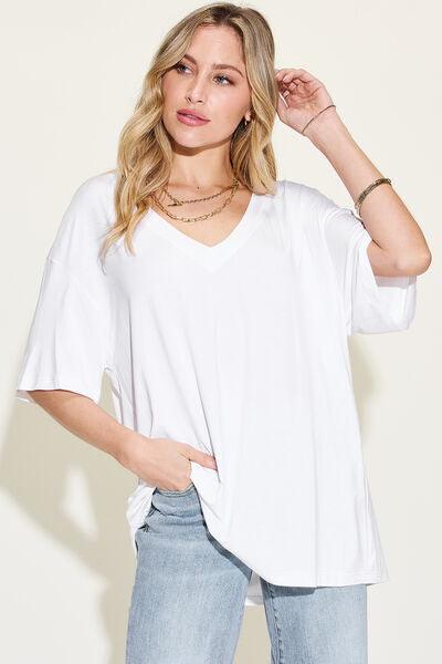 Basic Bae Full Size Bamboo V-Neck Drop Shoulder T-Shirt - Clothes For Her Online Store
