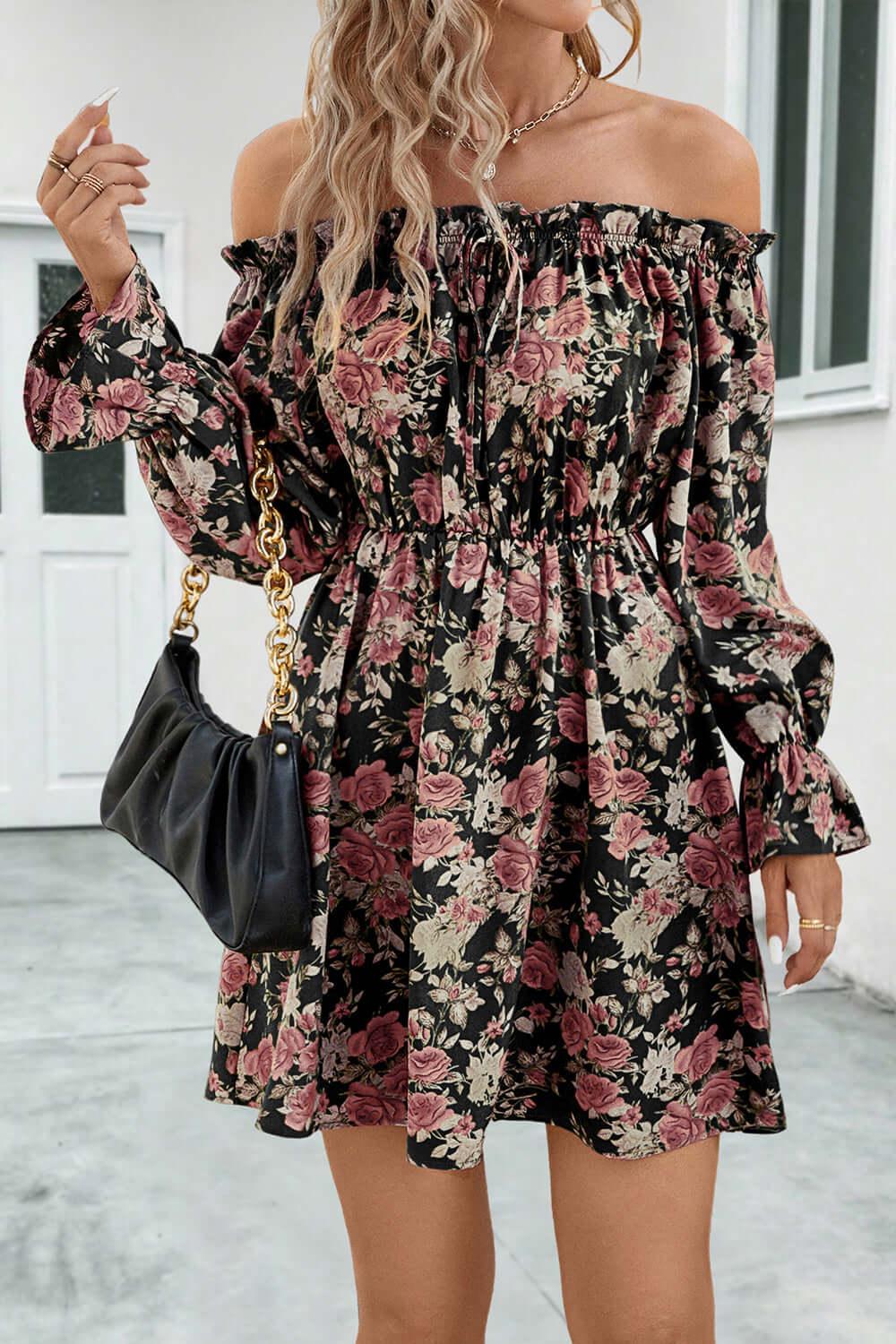 Floral Off-Shoulder Flounce Sleeve Dress - Clothes For Her Online Store