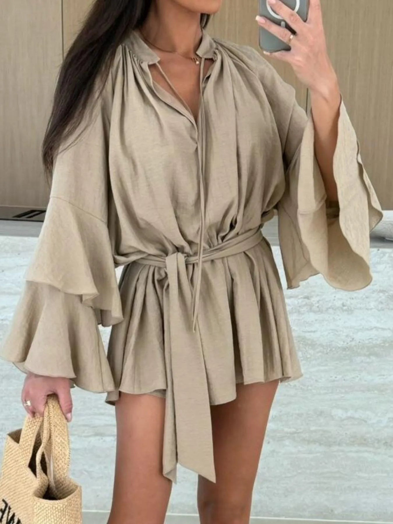 Bell Sleeve Tie Waist Mini Shirt Dress