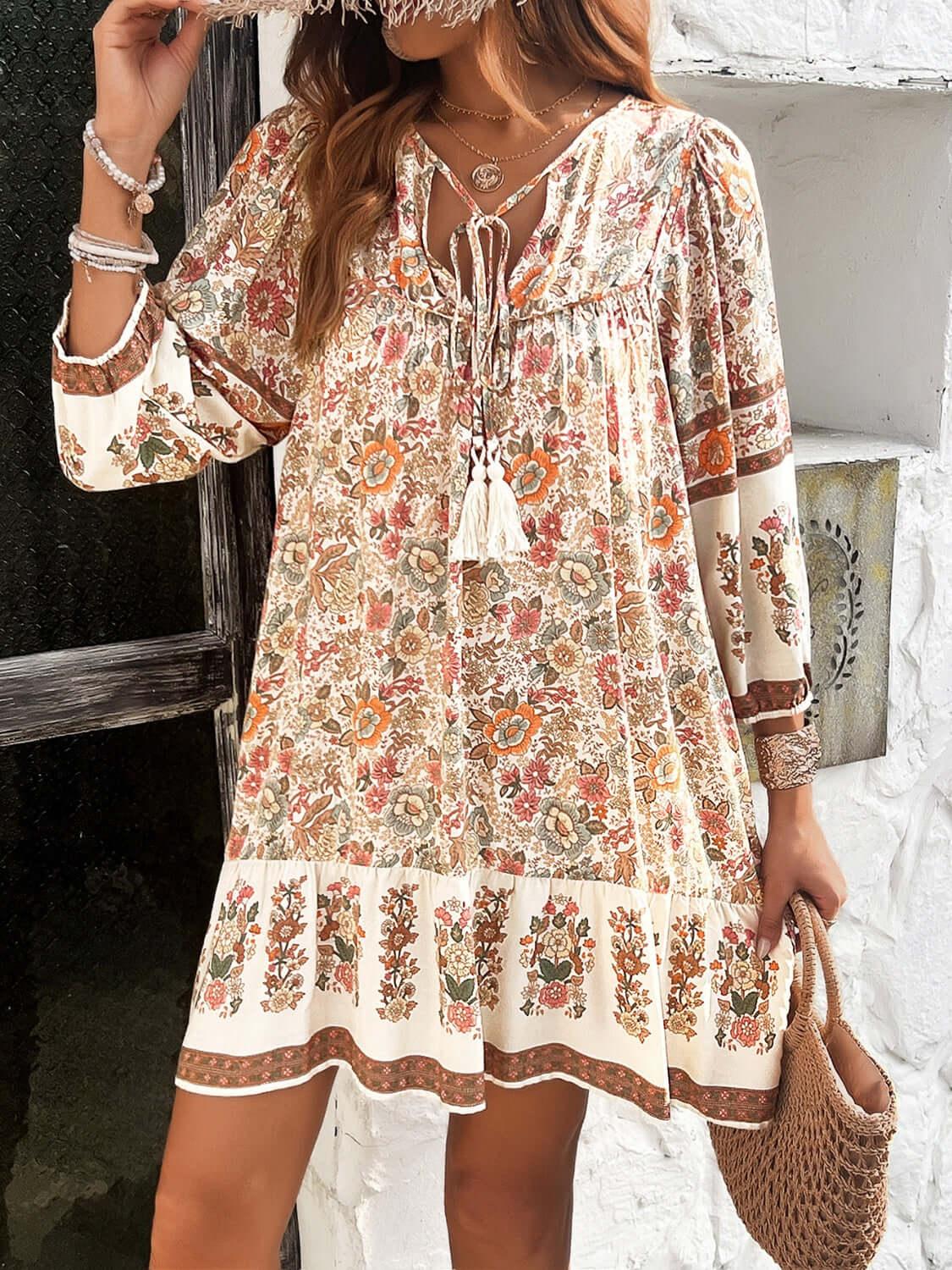 Devine Tassel Floral Tie Neck Mini Dress - Clothes For Her Online Store