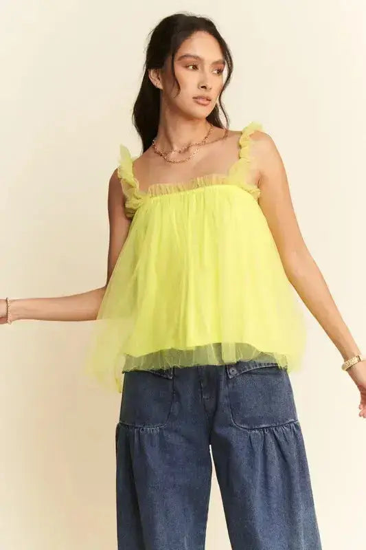 Davi & Dani Shirred Ruffle Strap Tulle Babydoll Top - Clothes For Her Online Store