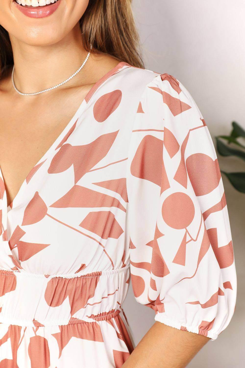 Printed Surplice Balloon Sleeve Dress - Clothes For Her Online Store