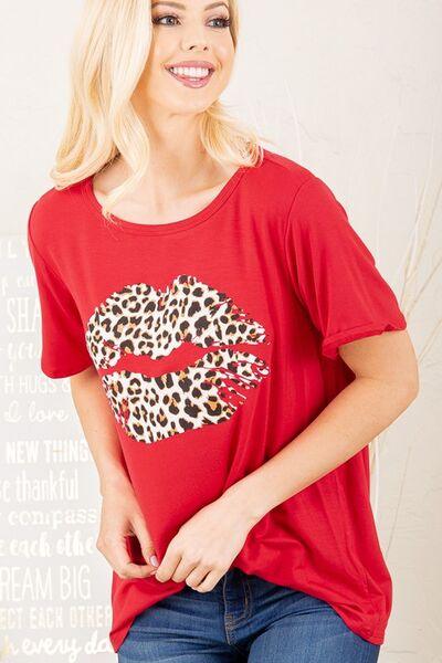 Heimish Full Size Leopard Lip Round Neck Short Sleeve T-Shirt Plus Size - Clothes For Her Online Store
