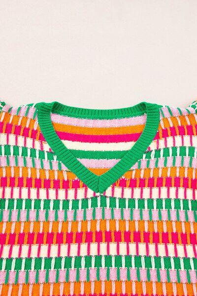 Contrast Striped V-Neck Knit Top - Clothes For Her Online Store