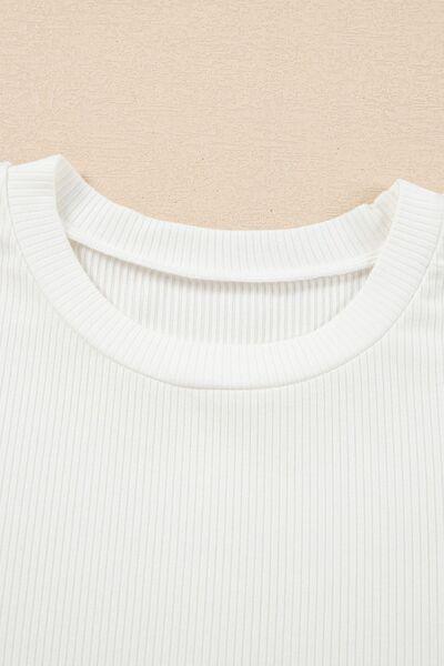 Eyelet Short Sleeve Patchwork Ribbed Top - Clothes For Her Online Store