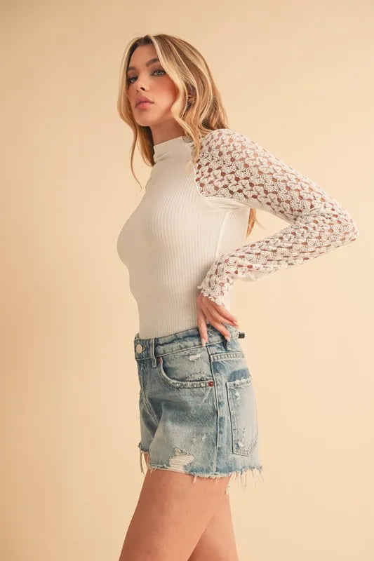 Aemi + Co Mock Neck Lace Long Sleeve Knit Top