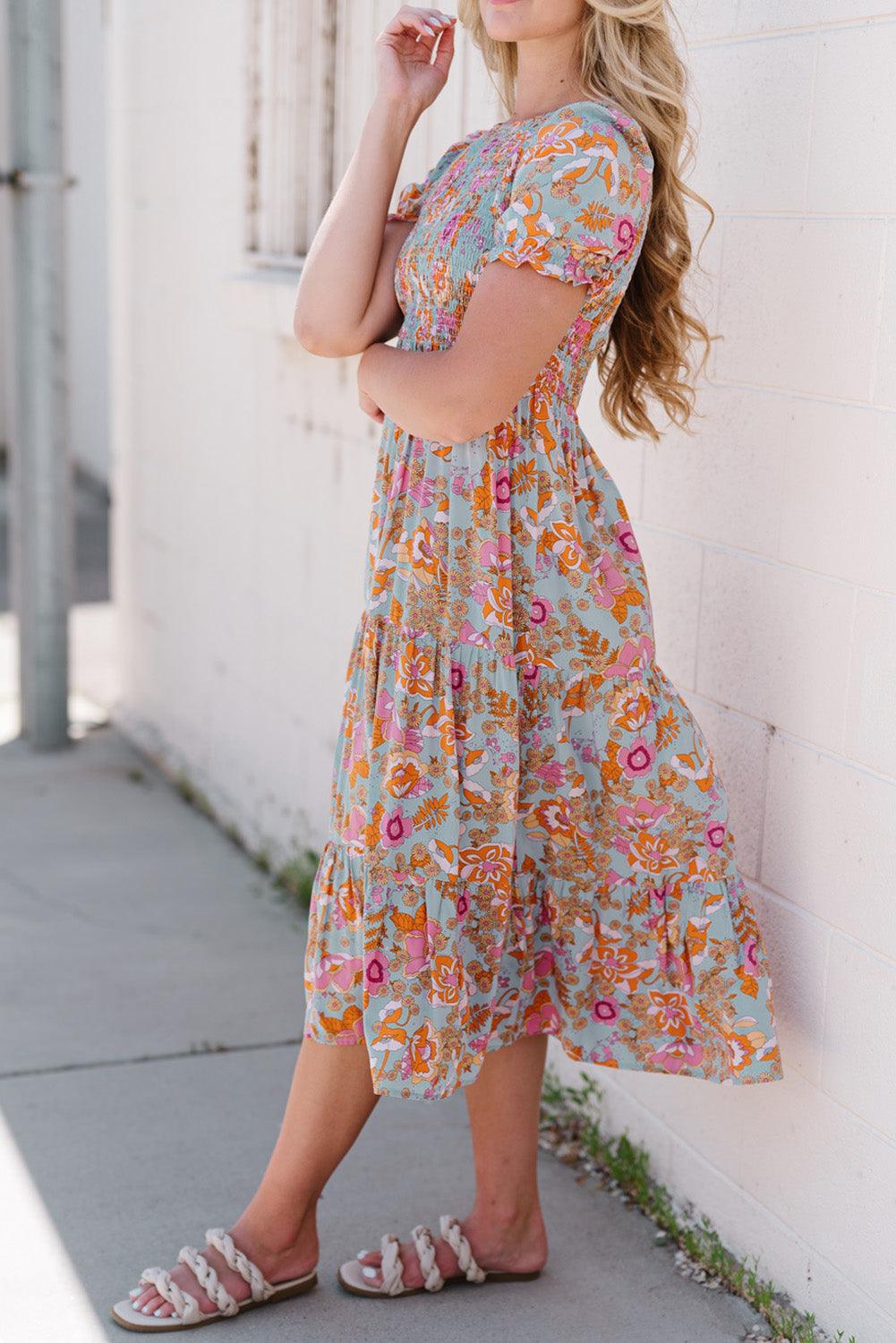 Floral Flounce Sleeve Round Neck Midi Dress - Clothes For Her Online Store