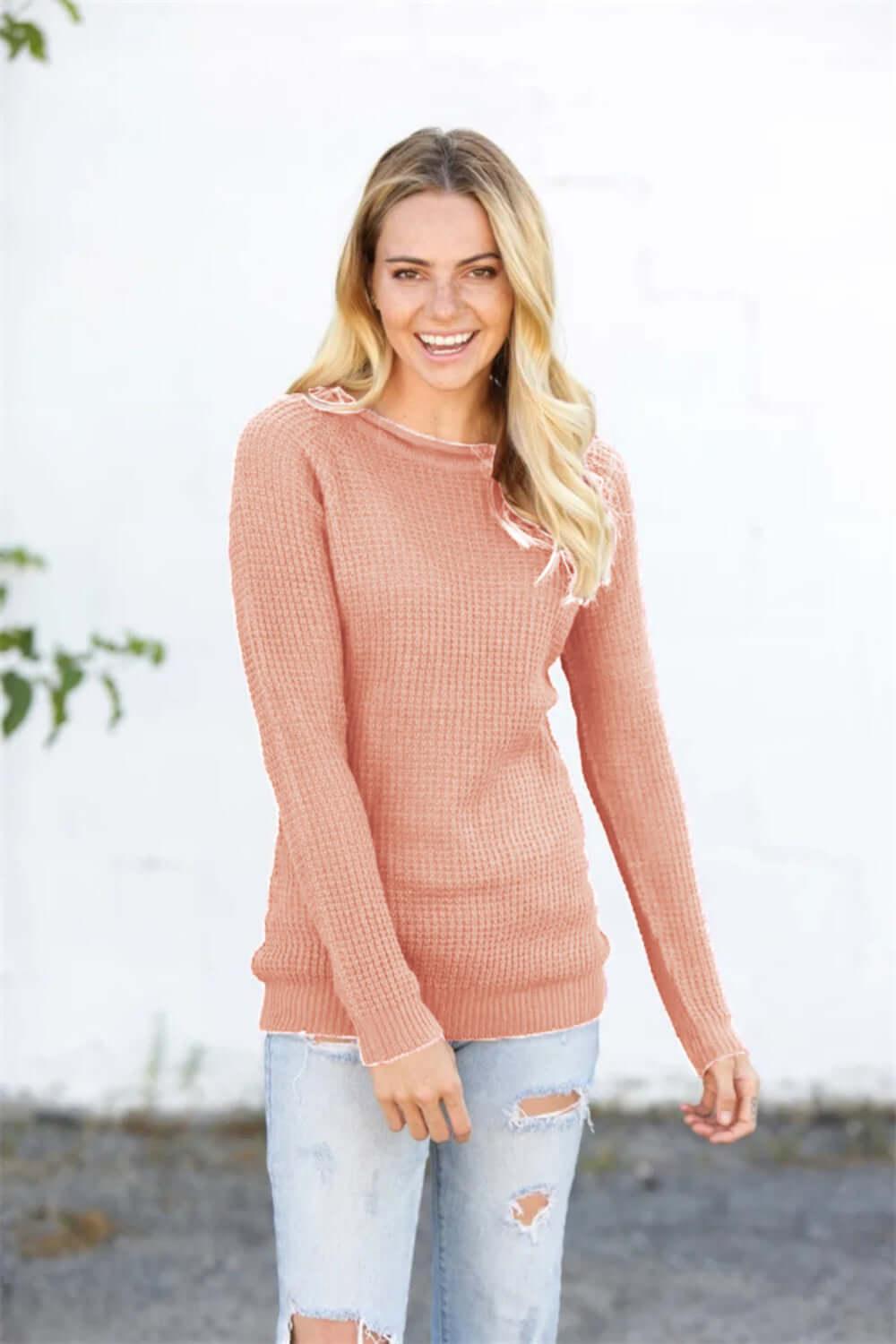 Round Neck Raglan Sleeve Sweater - Clothes For Her Online Store