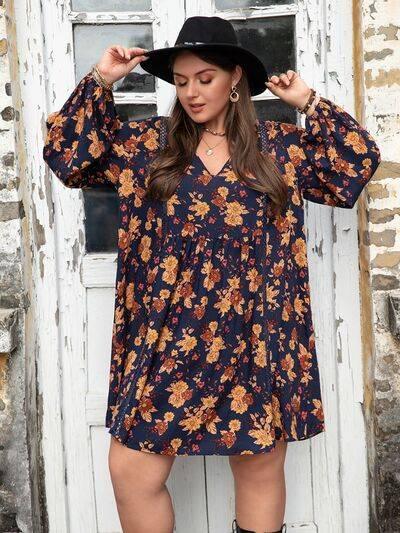 Plus Size Floral V-Neck Balloon Sleeve Dress - Clothes For Her Online Store