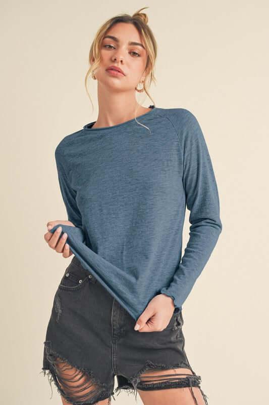 Aemi + Co Lettuce Hemline Round Neck Raglan Sleeve T-Shirt - Clothes For Her Online Store