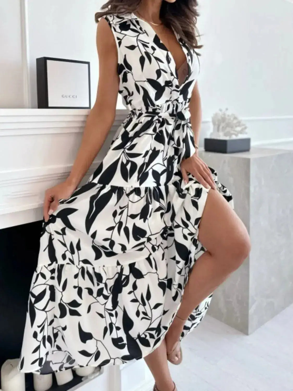 Sleeveless Tie Waist Printed Dress