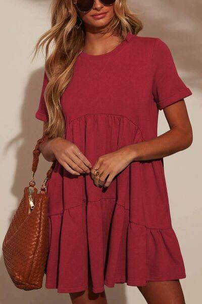Tiered Round Neck Short Sleeve Mini Dress - Clothes For Her Online Store