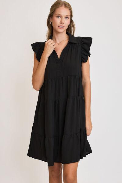 Umgee Full Size Johnny Collar Ruffle Cap Sleeve Tiered Dress Plus Size - Clothes For Her Online Store