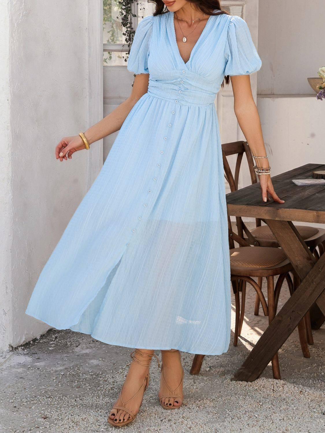 Devine V-Neck Puff Short Sleeve Midi Dress - Clothes For Her Online Store