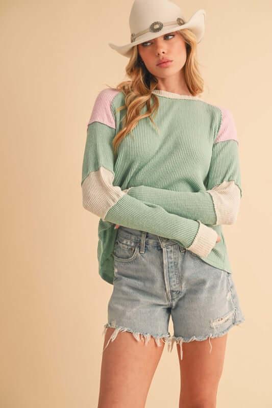 Aemi + Co Raw Seam Color Block Round Neck Knit Top - Clothes For Her Online Store