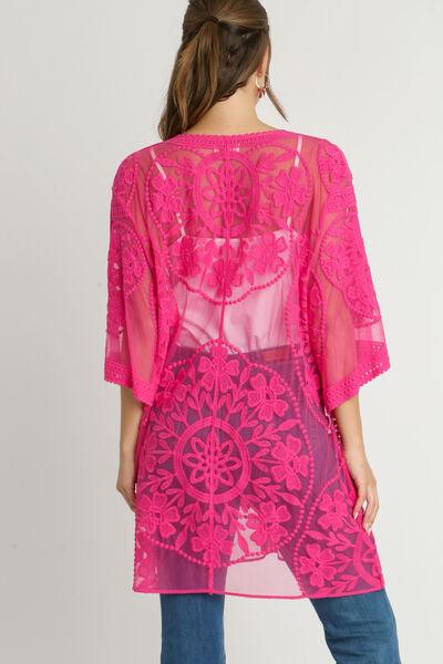 Umgee Full Size Floral Lace Open Front Kimono Sleevee Cover Up with Waist Tie Plus Size - Clothes For Her Online Store