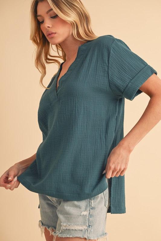 Aemi + Co Side Slit V-Neck Short Sleeve Blouse - Clothes For Her Online Store