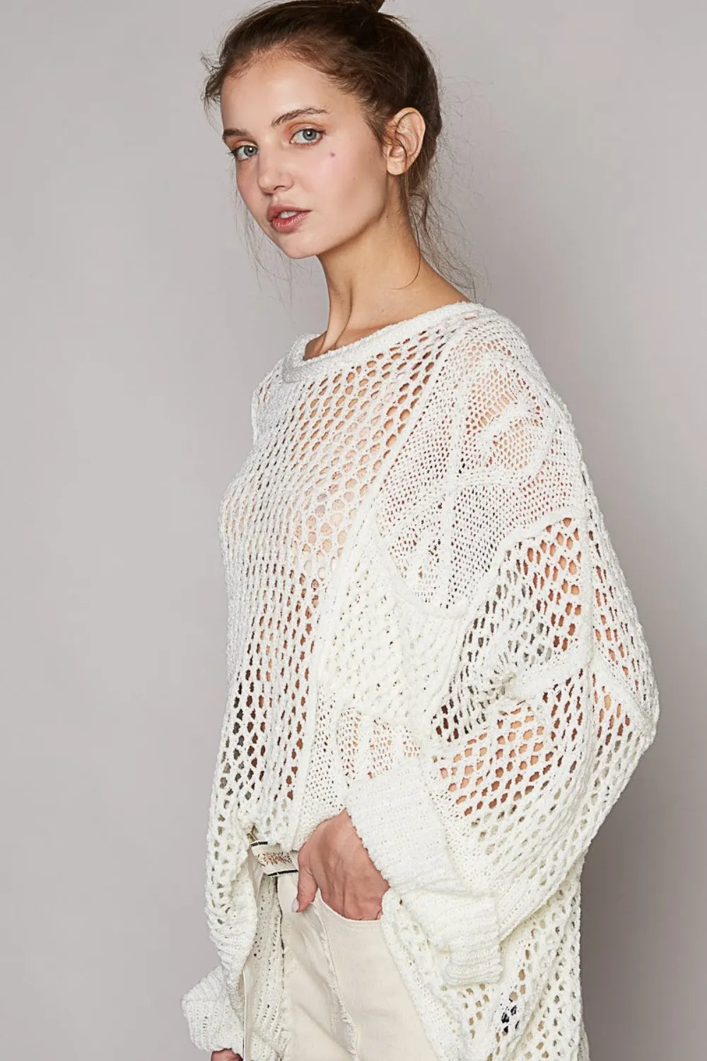 POL Openwork Long Sleeve Knit Cover Up