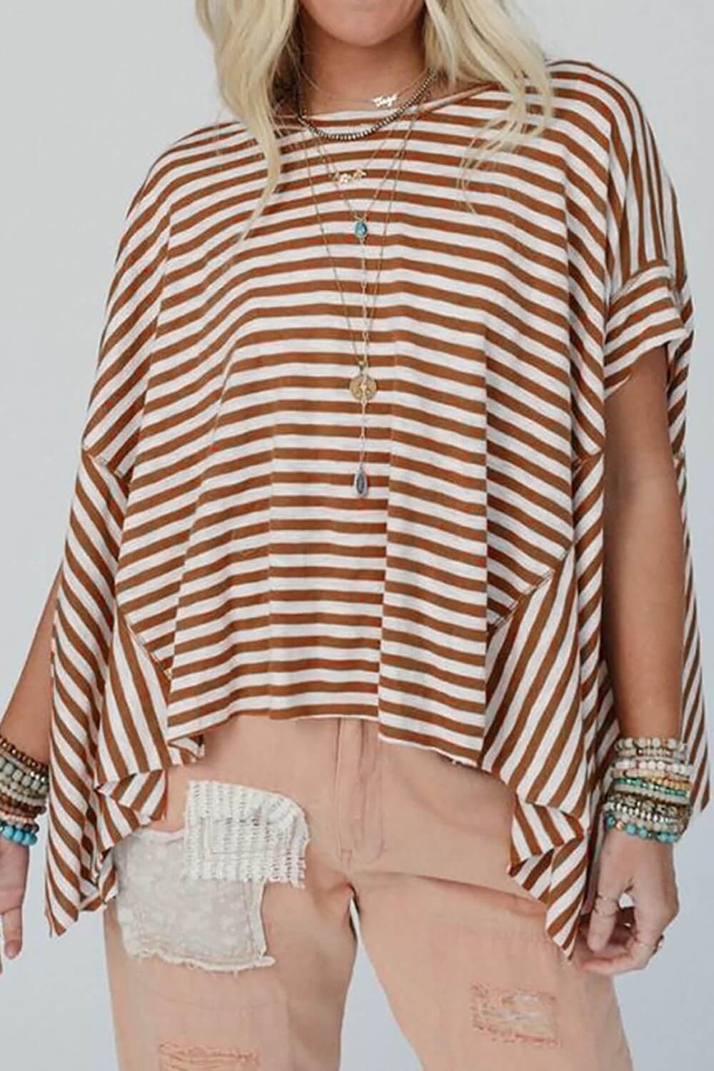 Stripe Batwing Sleeve Round Neck Oversized Top - Clothes For Her Online Store