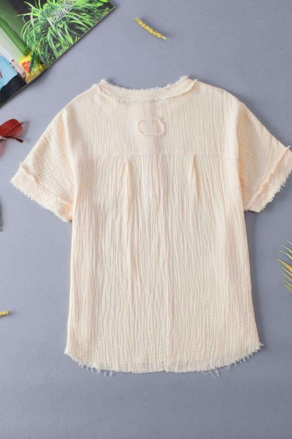 Textured Frayed Trim Half Button Short Sleeve Top - Clothes For Her Online Store