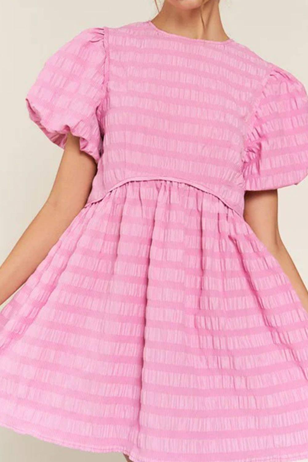 Textured Round Neck Puff Sleeve Mini Dress - Clothes For Her Online Store