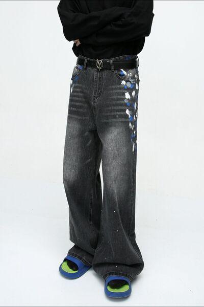 Watercolor Wide Leg Jeans with Pockets - Clothes For Her Online Store