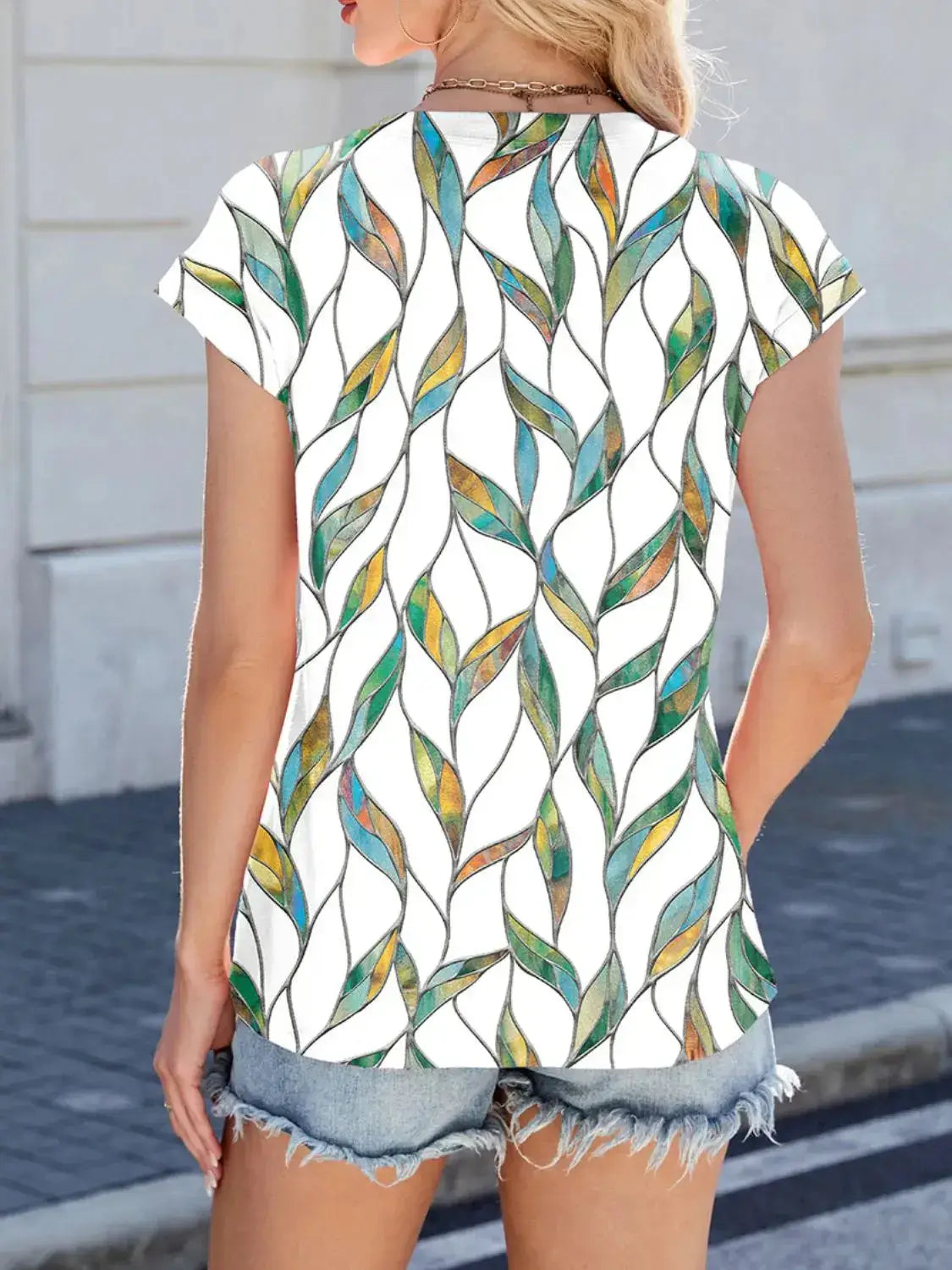 Printed Round Neck Cap Sleeve Top - Clothes For Her Online Store